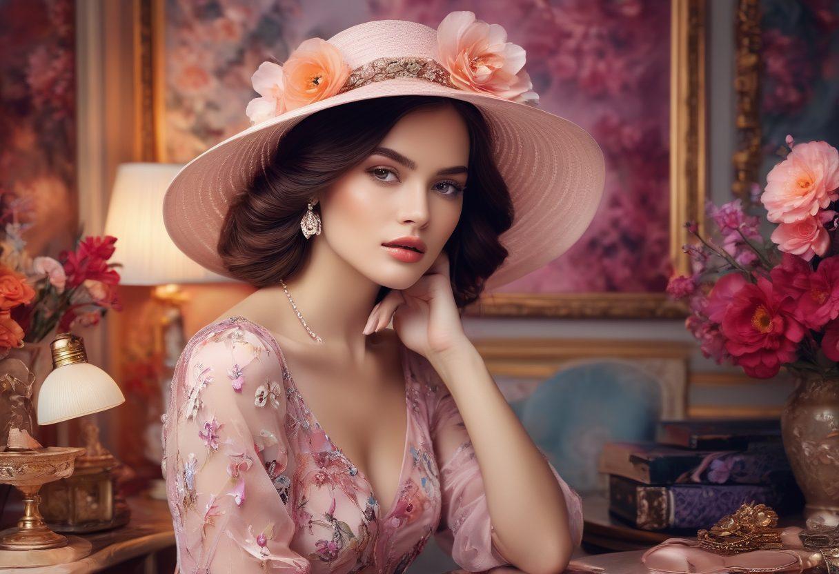 A captivating woman surrounded by beauty and fashion items, adorned in elegant attire, with trendy accessories highlighting the latest styles. The background showcases a blend of alluring colors and fashion patterns, inviting viewers into the world of beauty and seduction. Soft, dreamy lighting accentuates the scene, giving it a glamorous touch. A chic, oversized hat adds mystery, while delicate floral elements symbolize elegance. vibrant colors. super-realistic. soft focus.