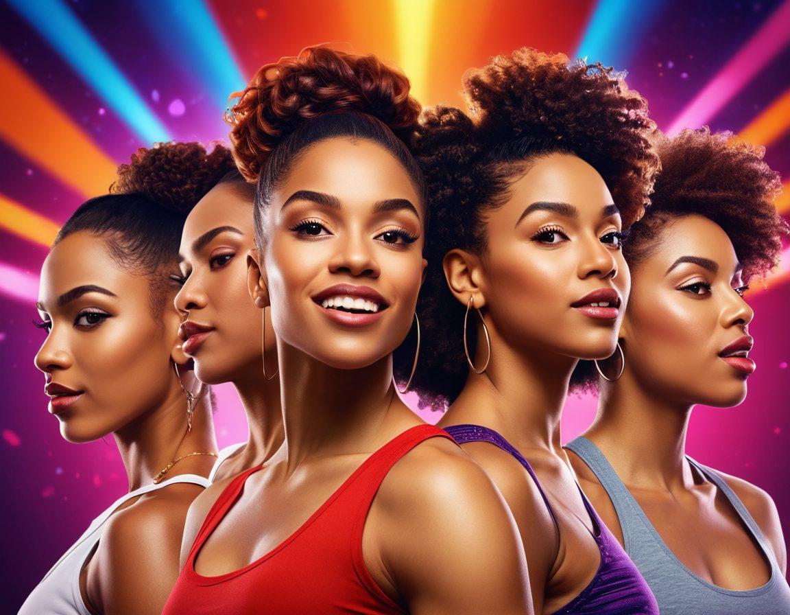 A group of diverse, confident women showcasing their strength and beauty in a vibrant entertainment setting, surrounded by colorful stage lights and dynamic performances. Each woman represents a different facet of empowerment, from music and acting to sports and activism. The background features inspiring quotes about female empowerment, symbolizing unity and diversity. The atmosphere is lively and celebratory, reflecting the modern entertainment industry. super-realistic. vibrant colors. dynamic composition.