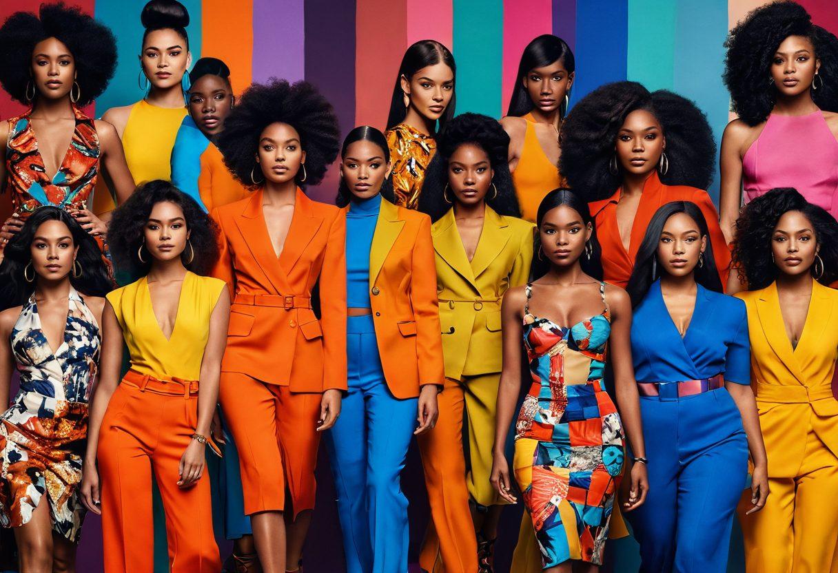 A dynamic collage showcasing diverse fashion models and empowered women of various ethnicities and body types exuding confidence and allure. The background features a blend of vibrant colors symbolizing current trends in fashion, while stylish accessories and garments are artistically scattered throughout the image. Incorporate elements of runway shows and street style to emphasize the evolution of fashion. super-realistic. vibrant colors. contemporary art.